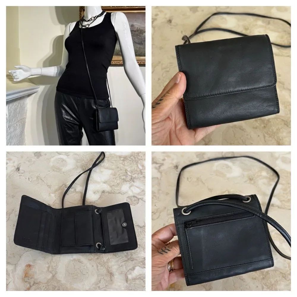 Delane Black Leather Tri-Fold Wallet Crossbody